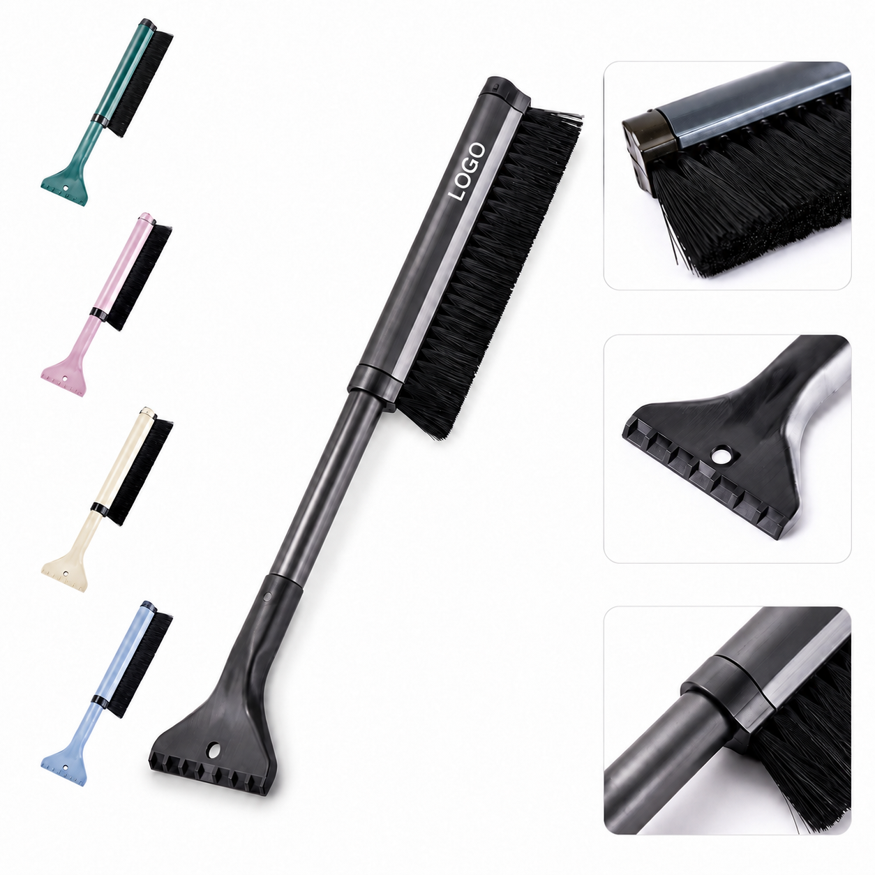 Extendable Automotive Snow Brush and Ice Scraper with Dual-Function Head