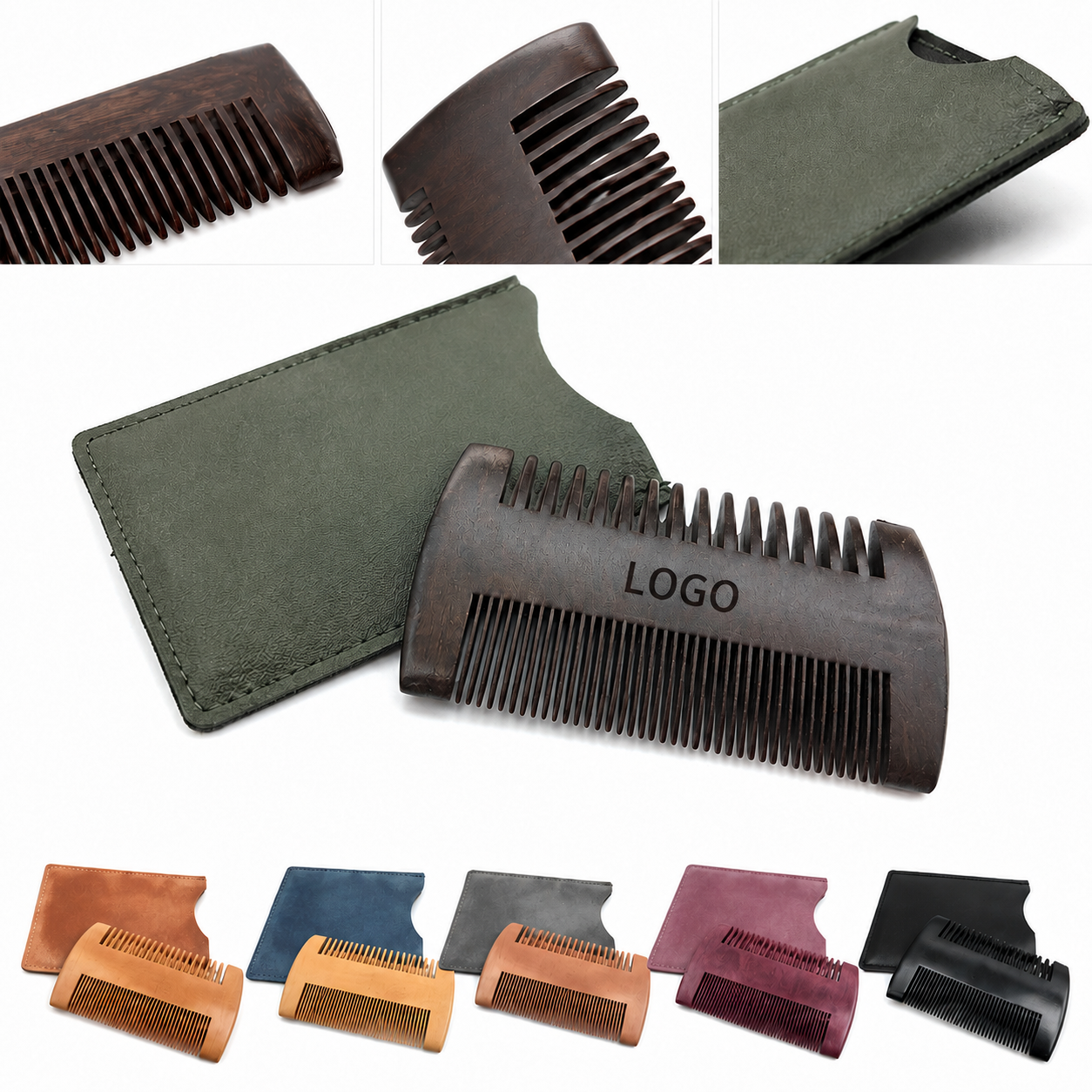 Dual-Action Natural Wood Grooming Comb with Color-Coordinated Pouch