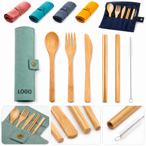 Eco-Friendly Bamboo 6-Piece Utensil Set with Fabric Roll-Up Pouch